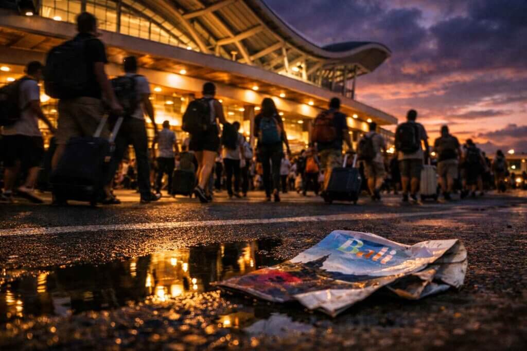 A wide exterior shot at dusk of Bali's Ngurah Rai International Airport departure terminal, shot from street level.