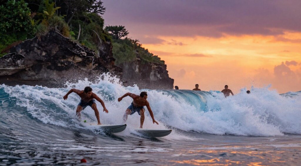 Advanced surfers riding powerful waves at hidden gems in Lombok, capturing the dynamic motion and skill of the riders. In the foreground, one surfer performs a dramatic cutback, water splashing around in sharp detail. The middle ground showcases multiple surfers navigating the advanced waves, their boards cutting through the churning sea. The backdrop features the rugged cliffs of Lombok, lush greenery peeking through, under a vibrant sunset sky painted with oranges and purples. Use a low-angle perspective to emphasize the height of the waves, with soft, golden light illuminating the scene, creating an exhilarating and adventurous atmosphere reminiscent of National Geographic photography.