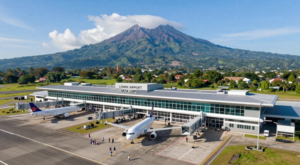 Aerial view of Lombok Airport (IATA code LOP), showcasing its modern terminal building surrounded by lush green landscapes and the stunning backdrop of Mount Rinjani. The foreground features a runway with planes parked at the gates, indicating a bustling travel hub. In the midground, the terminal's sleek architecture is highlighted, with travelers in professional attire entering and exiting the building. The background portrays a clear blue sky with a few fluffy clouds, enhancing the lively atmosphere of an active airport. The lighting captures the vibrant mid-morning sun, casting soft shadows across the scene. The composition is shot from a slightly elevated angle, providing a comprehensive perspective that emphasizes the airport's significance as a gateway to Lombok.