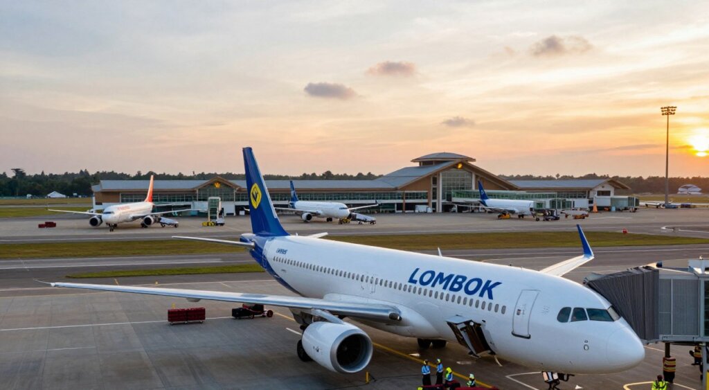 Aerial view of Lombok Airport’s runway bustling with flight operations, showcasing aircraft preparing for takeoff and landing. In the foreground, a close-up of a commercial passenger plane, sleek and modern, with the Lombok airport identifier code visibly marked on its tail. The middle ground features airport ground crew in professional uniforms, coordinating baggage handling and guiding planes, set against a backdrop of the terminal building with its distinct architecture. The background includes a vibrant sky transitioning from daylight to sunset, casting warm golden hues over the scene. The composition captures the energy and professionalism of flight operations, with soft-focus on the horizon to enhance depth, reminiscent of high-quality National Geographic photojournalism. The lighting is natural, enhancing the textures and colors of the airport environment, creating a sense of dynamic activity.