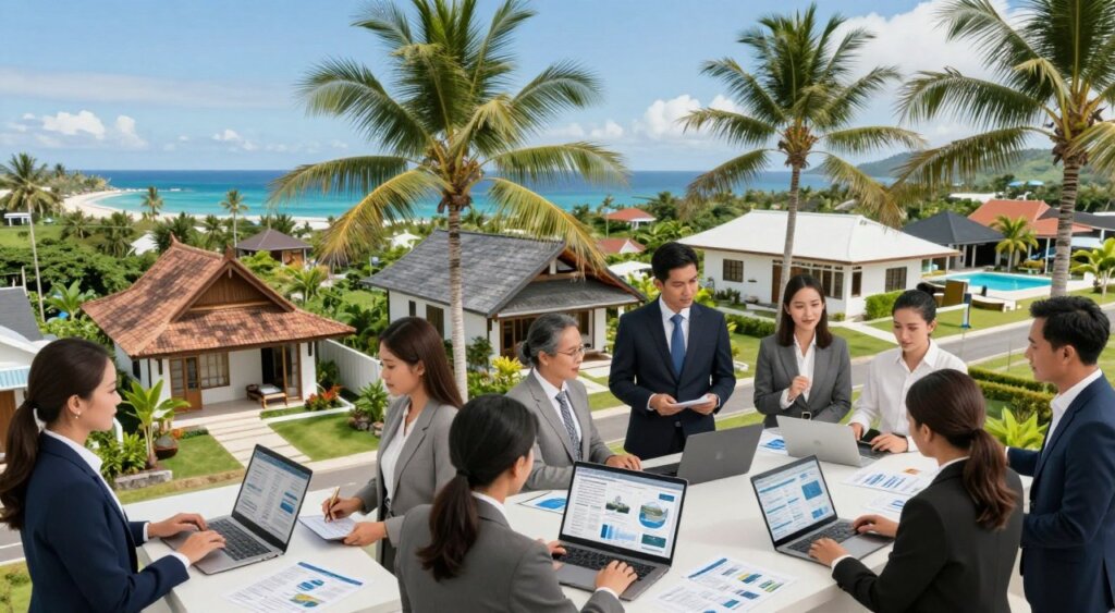 Aerial view of Lombok's vibrant property market, showcasing modern villas and traditional Balinese-style houses nestled among lush green landscapes. In the foreground, a diverse group of professionals in smart business attire examines market analysis charts and property listings on laptops and tablets. In the middle ground, local real estate agents engage in discussions with potential investors, framed by palm trees swaying gently in the tropical breeze. The background features a stunning coastline, with azure waters and white sandy beaches under a clear blue sky. Soft, natural lighting enhances the inviting atmosphere, evoking optimism in Lombok's real estate opportunities. Capture this scene with a wide-angle lens to emphasize the dynamic interplay of nature and commerce, creating a harmonious balance of professionalism and tropical beauty.