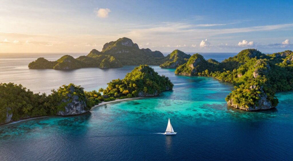 Aerial view of Raja Ampat's iconic sailing routes, showcasing vibrant turquoise waters weaving through a stunning archipelago of lush green islands. In the foreground, a small sailing boat gently glides on the clear water, its white sail billowing in the breeze. In the middle ground, scattered islands rise dramatically, adorned with tropical vegetation and rocky cliffs. The background features a soft gradient sky, transitioning from golden hues of sunrise to deep blue, casting warm light on the landscape. Sharp focus on the vibrant sea and islands, with a wide-angle lens perspective that captures the vastness and beauty of the sailing routes. The mood is serene and adventurous, reflecting the allure of exploration in this tropical paradise.