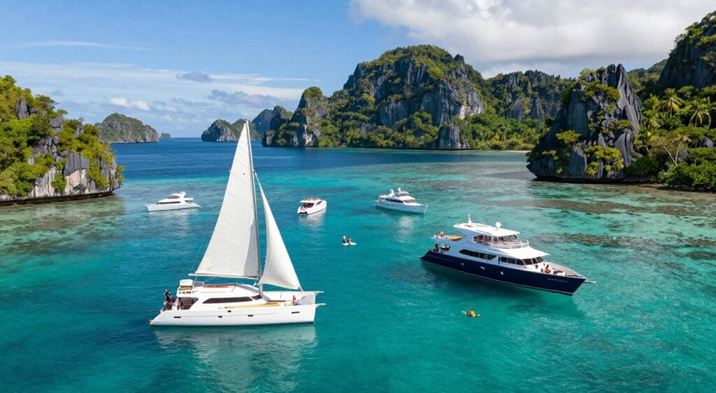 Aerial view of a vibrant Raja Ampat landscape featuring multiple luxurious yachts chartered in the turquoise waters, surrounded by lush green islands and coral reefs. In the foreground, a sleek white sailing yacht showcases its elegant sails unfurled, while nearby, a contrasting dark blue yacht with a modern design is anchored, inviting exploration. The middle ground reveals several smaller boats distributing guests, each engaged in leisure activities such as snorkeling and paddleboarding. In the background, dramatic limestone cliffs rise majestically against a bright blue sky with scattered fluffy clouds. The sunlight casts warm reflections on the water, enhancing the serene atmosphere. The image should capture a vibrant, adventurous mood, emphasizing the beauty and allure of sailing charters in Raja Ampat, using natural lighting for a realistic effect and a wide-angle lens to capture the expansive seascape.