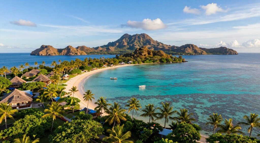 Aerial view of the Gili Islands, Indonesia, showcasing the vibrant coral reefs and turquoise waters that surround the islands. In the foreground, lush greenery and palm trees characterize the coastline, leading to pristine sandy beaches. The middle ground reveals charming beach bungalows and small boats anchored by the shore, hinting at a tranquil tropical lifestyle. In the background, distant volcanic hills of Lombok rise majestically against a clear blue sky, with wispy clouds adding texture. The scene is illuminated by warm, golden sunlight, creating a serene and inviting atmosphere. Capture this moment with a wide-angle lens to emphasize the beauty of the landscape and use a natural color palette to enhance the tropical feel. The composition should evoke a sense of peace and adventure, ideal for showcasing the allure of the Gili Islands. Aerial view of the Gili Islands, Indonesia, showcasing the vibrant coral reefs and turquoise waters that surround the islands. In the foreground, lush greenery and palm trees characterize the coastline, leading to pristine sandy beaches. The middle ground reveals charming beach bungalows and small boats anchored by the shore, hinting at a tranquil tropical lifestyle. In the background, distant volcanic hills of Lombok rise majestically against a clear blue sky, with wispy clouds adding texture. The scene is illuminated by warm, golden sunlight, creating a serene and inviting atmosphere. Capture this moment with a wide-angle lens to emphasize the beauty of the landscape and use a natural color palette to enhance the tropical feel. The composition should evoke a sense of peace and adventure, ideal for showcasing the allure of the Gili Islands.