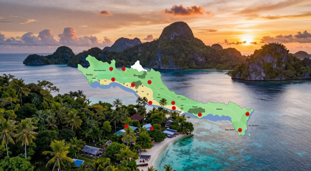 Aerial view of the Raja Ampat islands, highlighting the geographic distribution of malaria risk. In the foreground, lush green forests and clear blue waters represent the tropical landscape, while small villages with people in modest clothing demonstrate local life. The middle ground features a detailed map overlay, showing key malaria hotspots with red markers. In the background, jagged limestone formations under a vibrant sunset sky add a dramatic flair. The lighting is golden hour, casting a warm glow over the scene, emphasizing the beauty and complexity of the environment. The mood is informative yet serene, capturing the delicate balance between nature and health risk in this unique region. Aerial view of the Raja Ampat islands, highlighting the geographic distribution of malaria risk. In the foreground, lush green forests and clear blue waters represent the tropical landscape, while small villages with people in modest clothing demonstrate local life. The middle ground features a detailed map overlay, showing key malaria hotspots with red markers. In the background, jagged limestone formations under a vibrant sunset sky add a dramatic flair. The lighting is golden hour, casting a warm glow over the scene, emphasizing the beauty and complexity of the environment. The mood is informative yet serene, capturing the delicate balance between nature and health risk in this unique region.