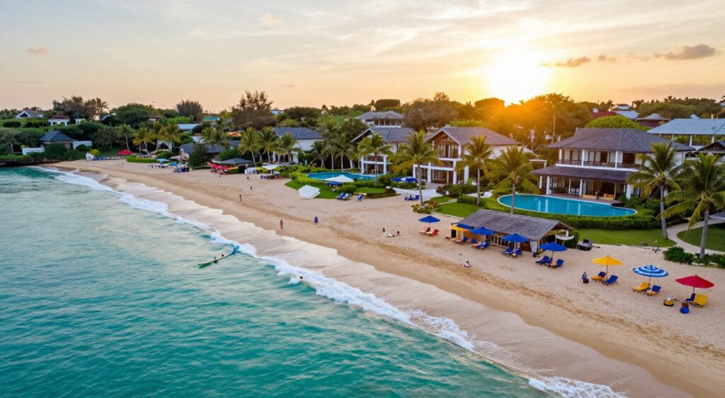 Aerial view of the stunning Seminyak beach juxtaposed with the serene coastline of Nusa Dua in Bali, showcasing vibrant turquoise waters meeting golden sands. In the foreground, vibrant beach umbrellas and lounge chairs are set against the lively atmosphere of Seminyak's beach clubs, while surfers catch waves and families enjoy the sun. The middle ground reveals Nusa Dua's elegant resorts with lush gardens, pristine pools, and palm trees swaying gently in the breeze. In the background, the sun begins to set, casting a warm golden light over the landscape, enhancing the tranquil vibe. Shot with a wide-angle lens to emphasize the idyllic scenery, evoking a sense of peaceful relaxation and luxurious escape. The overall mood is inviting, highlighting the beauty of Bali's coastal gems. Aerial view of the stunning Seminyak beach juxtaposed with the serene coastline of Nusa Dua in Bali, showcasing vibrant turquoise waters meeting golden sands. In the foreground, vibrant beach umbrellas and lounge chairs are set against the lively atmosphere of Seminyak's beach clubs, while surfers catch waves and families enjoy the sun. The middle ground reveals Nusa Dua's elegant resorts with lush gardens, pristine pools, and palm trees swaying gently in the breeze. In the background, the sun begins to set, casting a warm golden light over the landscape, enhancing the tranquil vibe. Shot with a wide-angle lens to emphasize the idyllic scenery, evoking a sense of peaceful relaxation and luxurious escape. The overall mood is inviting, highlighting the beauty of Bali's coastal gems.