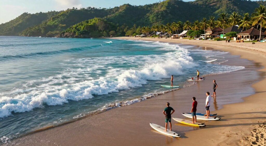 Aerial view showcasing vibrant surf spots along the Indonesian coastline, featuring clear azure waters and lush green hills. In the foreground, a group of surfers in modest casual clothing strategizes on their boards, with surfboards resting on the sandy beach, reflecting a mix of excitement and anticipation. The middle ground captures the rolling waves crashing onto the shore, with splashes of white foam creating dynamic energy. In the background, coastal villages with traditional architecture can be seen nestled among palm trees, bathed in warm, golden sunlight during late afternoon. The atmosphere is lively yet serene, embodying the spirit of adventure. The shot is captured with a wide-angle lens to emphasize the beauty of the landscape and the artistry of surfing.