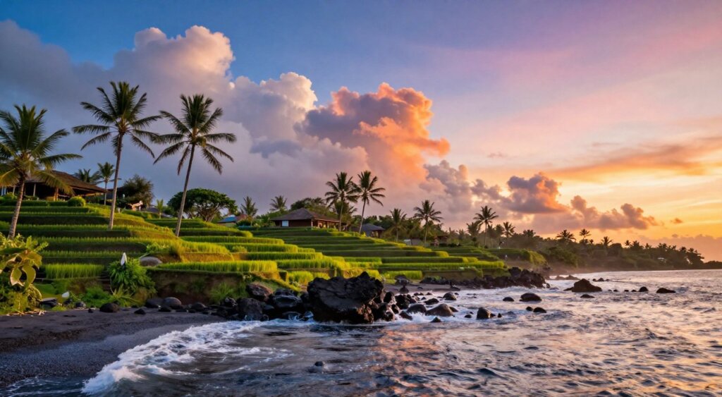 Amed, Bali, showcasing vibrant weather patterns during the best time to visit. In the foreground, a serene coastline with gentle waves lapping against smooth black volcanic rocks, reflecting the blue sky. The middle ground features lush green rice terraces glistening under soft, warm sunlight, with palm trees swaying lightly in the breeze. The background displays dramatic, puffy white clouds blending into a stunning sunset, painting the sky with shades of orange, pink, and purple. The lighting is golden hour, casting a warm glow over the landscape, shot with a wide-angle lens to capture the expanse. The atmosphere is tranquil and inviting, evoking a sense of peace and natural beauty in this idyllic Balinese escape.