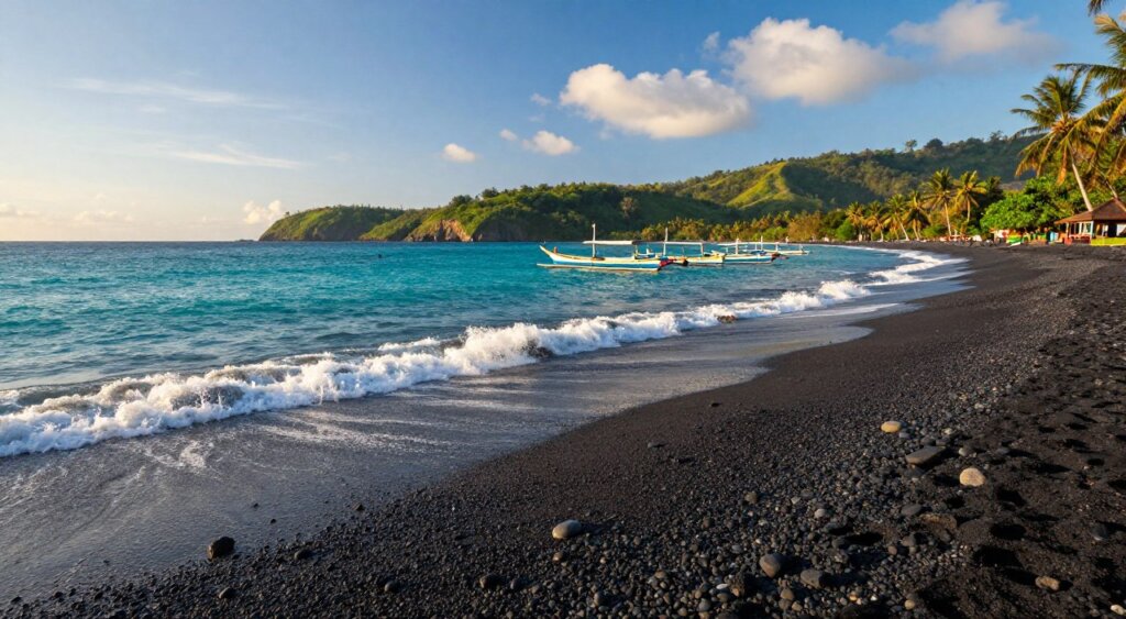 Amed Bali's black sand beach captured in stunning detail, showcasing the contrast between the dark volcanic sand and the vibrant turquoise sea. In the foreground, gentle waves lap against smooth, obsidian pebbles, reflecting the soft golden light of the late afternoon sun. The middle ground features a cluster of traditional Balinese fishing boats, their colorful hulls bobbing gently on the water. In the background, lush green hills rise against a clear blue sky, dotted with wispy clouds. The scene is bathed in warm, natural light, enhancing the tranquil atmosphere and inviting viewers to experience the serene beauty of Amed’s coastline. The composition should evoke a sense of peace and natural splendor, perfectly highlighting the allure of Amed's beaches.