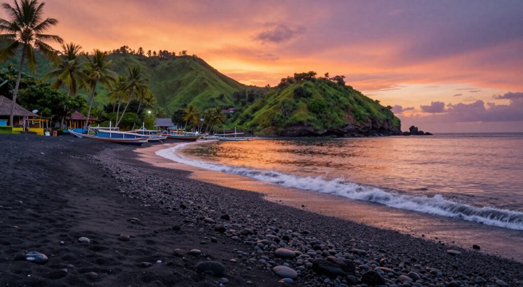 Amed Village, Bali, featuring a stunning black sand beach along a rugged coastline during sunset. In the foreground, smooth volcanic pebbles and gentle waves create a tranquil atmosphere. The middle ground showcases a vibrant shoreline lined with traditional Balinese fishing boats, their colors reflecting in the water. Lush green hills rise dramatically in the background, dotted with palm trees under a dramatic, colorful sky painted with hues of orange, pink, and purple. The soft light of the setting sun casts a warm glow, enhancing the rich textures of the sand and water. Capture the scene with a wide-angle lens to emphasize the breathtaking depth and beauty of this serene tropical paradise. The overall mood should evoke peace and natural wonder. Amed Village, Bali, featuring a stunning black sand beach along a rugged coastline during sunset. In the foreground, smooth volcanic pebbles and gentle waves create a tranquil atmosphere. The middle ground showcases a vibrant shoreline lined with traditional Balinese fishing boats, their colors reflecting in the water. Lush green hills rise dramatically in the background, dotted with palm trees under a dramatic, colorful sky painted with hues of orange, pink, and purple. The soft light of the setting sun casts a warm glow, enhancing the rich textures of the sand and water. Capture the scene with a wide-angle lens to emphasize the breathtaking depth and beauty of this serene tropical paradise. The overall mood should evoke peace and natural wonder.