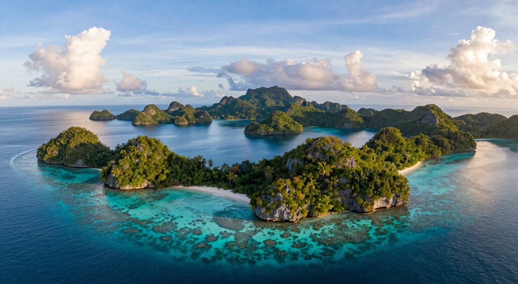 An aerial view of the stunning Raja Ampat islands, showcasing its unique geography with numerous emerald-green islands surrounded by crystal-clear turquoise waters. The foreground features vibrant coral reefs visible beneath the surface, adding textures to the water. In the middle ground, clusters of lush, tropical islands emerge, each with dense greenery and rocky formations. The background captures the endless ocean horizon, blending into a soft gradient of blue skies, dotted with fluffy white clouds. Golden sunlight bathes the scene, casting gentle reflections on the water's surface to create a serene and tranquil atmosphere. The image is captured from a high angle, evoking a sense of wonder and exploration, reminiscent of high-quality National Geographic photography. An aerial view of the stunning Raja Ampat islands, showcasing its unique geography with numerous emerald-green islands surrounded by crystal-clear turquoise waters. The foreground features vibrant coral reefs visible beneath the surface, adding textures to the water. In the middle ground, clusters of lush, tropical islands emerge, each with dense greenery and rocky formations. The background captures the endless ocean horizon, blending into a soft gradient of blue skies, dotted with fluffy white clouds. Golden sunlight bathes the scene, casting gentle reflections on the water's surface to create a serene and tranquil atmosphere. The image is captured from a high angle, evoking a sense of wonder and exploration, reminiscent of high-quality National Geographic photography.
