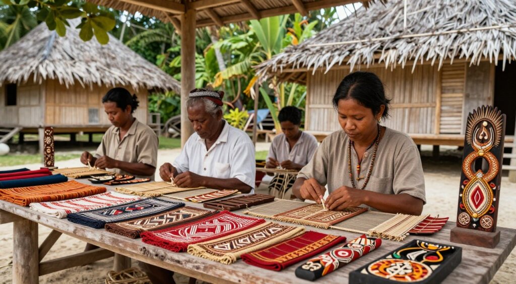 An artistic showcase of Gili Islands cultural handicrafts, featuring intricate woven textiles and vibrant wooden carvings displayed on a rustic wooden table in the foreground. In the middle, local artisans, dressed in modest casual clothing, skillfully create these handicrafts, their focused expressions radiating dedication and heritage. The background is adorned with traditional bamboo huts surrounded by lush tropical vegetation, hinting at the serene island atmosphere. Soft, natural lighting cascades from above, highlighting the textures of the handicrafts and the artisans' work. The overall mood is inviting and warm, capturing the essence of Gili Islands' rich culture and artistic tradition, presented in a realistic, documentary-style photograph that reflects the beauty of this charming destination. An artistic showcase of Gili Islands cultural handicrafts, featuring intricate woven textiles and vibrant wooden carvings displayed on a rustic wooden table in the foreground. In the middle, local artisans, dressed in modest casual clothing, skillfully create these handicrafts, their focused expressions radiating dedication and heritage. The background is adorned with traditional bamboo huts surrounded by lush tropical vegetation, hinting at the serene island atmosphere. Soft, natural lighting cascades from above, highlighting the textures of the handicrafts and the artisans' work. The overall mood is inviting and warm, capturing the essence of Gili Islands' rich culture and artistic tradition, presented in a realistic, documentary-style photograph that reflects the beauty of this charming destination.