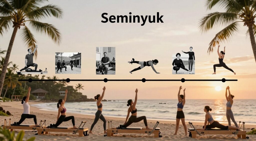 An illustrated timeline depicting the history of Pilates in Seminyak, featuring a series of vignettes. In the foreground, a diverse group of fitness instructors in professional activewear, demonstrating various Pilates poses, showing evolution from early 20th-century methods to modern techniques. The middle layer includes historical photographs or illustrations showcasing key milestones, such as the introduction of Pilates to the Bali wellness scene. The background features a serene Seminyak landscape, with palm trees and a beach sunset, symbolizing the location's connection to wellness. Soft, golden hour lighting creates a calming, inspirational atmosphere, emphasizing the transformative journey of Pilates. The composition should evoke a sense of growth, community, and tranquility, reminiscent of high-quality photojournalism styles.