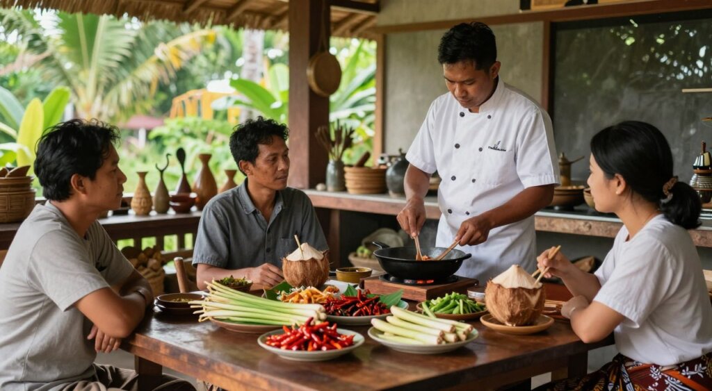 An inviting Bali cooking class setting with a humble wooden table showcasing a variety of vibrant, fresh ingredients such as lemongrass, chillies, and coconut, all displayed artfully. In the foreground, two individuals of different ethnicities, dressed in modest casual clothing, are attentively learning from a local Balinese chef, who is demonstrating traditional cooking techniques. The middle ground features a rustic kitchen with traditional Balinese utensils and spices, emanating a sense of warmth and community. In the background, lush tropical greenery can be seen through an open window, with soft, natural lighting flooding the scene, creating a serene and inviting atmosphere. The overall mood reflects respect for culinary heritage and cultural exchange, reminiscent of a National Geographic photojournalism style.