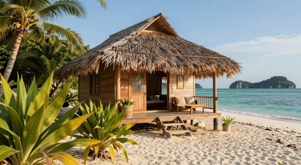 An inviting, affordable accommodation option in Raja Ampat, showcasing a cozy wooden bungalow perched on a beach. In the foreground, vibrant tropical plants frame the scene, while a sandy path leads to the bungalow's deck, featuring comfortable seating made from natural materials. In the middle ground, the thatched roofing contrasts with the clear blue sky, highlighting the welcoming entrance. The background reveals turquoise waters gently lapping at the shore, with distant limestone islands dotting the horizon. Warm, natural sunlight bathes the scene in a soft golden hue, creating a peaceful and serene atmosphere. The image captures the allure of budget-friendly yet picturesque lodging, perfect for travelers seeking an authentic experience.
