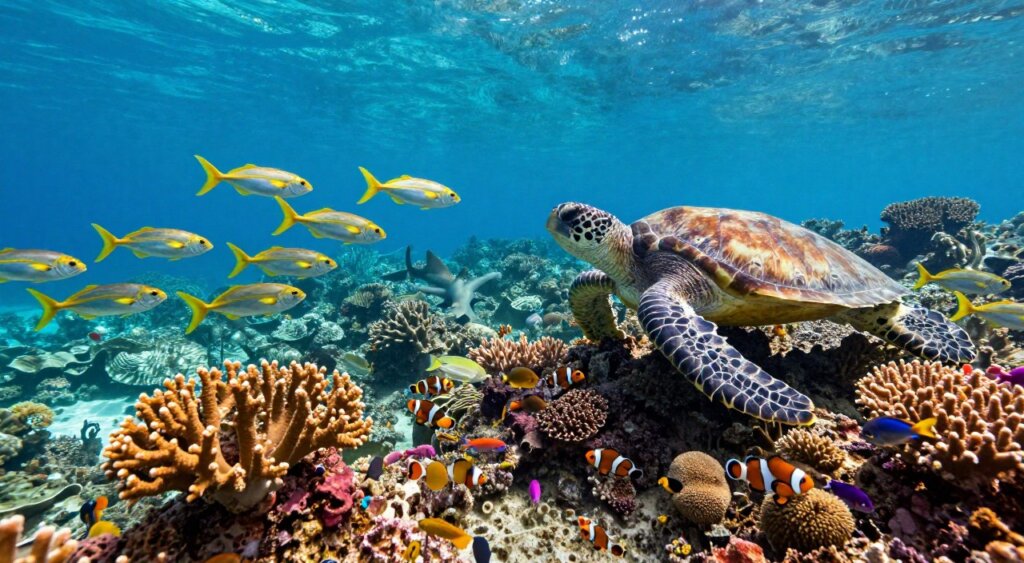 An underwater scene capturing the vibrant biodiversity of the Raja Ampat coral reef. In the foreground, a diverse array of vividly colored corals, including branching and plate corals, teeming with small fish like clownfish and damselfish. In the middle ground, a school of shimmering yellowfin tuna gliding gracefully, while a curious sea turtle explores nearby. In the background, soft sunlight filters through the crystal-clear water, illuminating the underwater landscape, with hints of larger marine life like reef sharks in the distance. The image should evoke a sense of tranquility and wonder, showcasing the rich marine ecosystem of Raja Ampat, captured with a wide-angle lens for a comprehensive view. High saturation and vivid detail create an immersive experience.