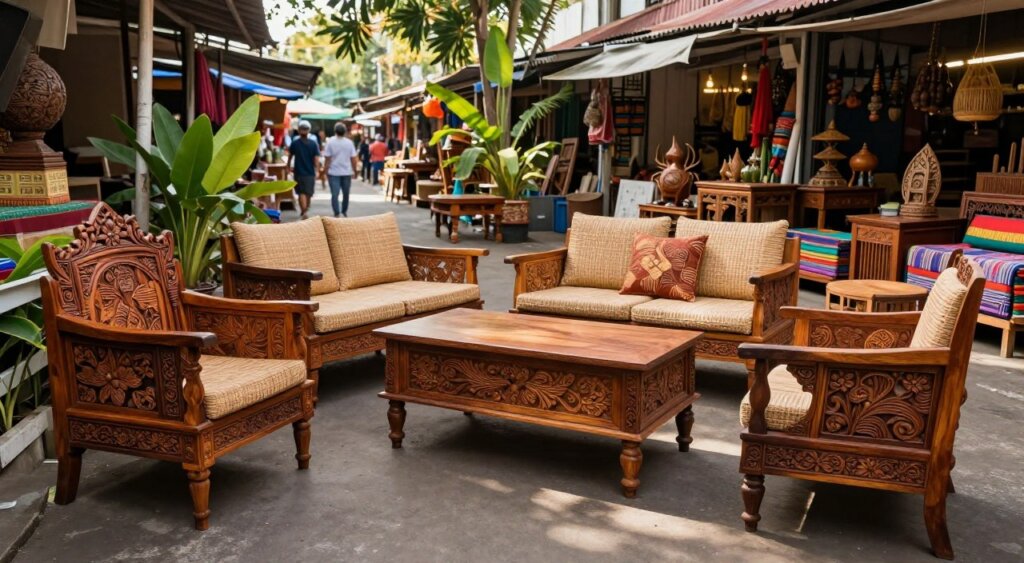 Bali furniture design showcased in a vibrant marketplace setting. The foreground features intricately carved wooden furniture with detailed floral and nature motifs, showcasing rich teak and mahogany textures. The middle ground includes stylish, low-profile seating arrangements with woven rattan cushions, surrounded by lush tropical plants and colorful textiles. In the background, a sunlit street lined with artisan shops displays more examples of Bali's unique furniture pieces. The lighting is warm and inviting, casting gentle shadows that enhance the craftsmanship. The atmosphere feels serene and cultural, capturing the essence of Bali's artisanal heritage. Use a wide-angle lens for depth, emphasizing the beauty of the furniture against the lively backdrop of the market.