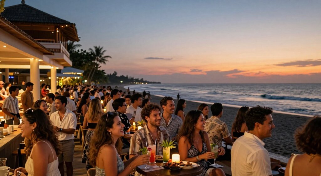 Bali nightlife hotspot crowd at Canggu Beach Club, capturing a vibrant atmosphere filled with diverse groups of tourists enjoying the evening. In the foreground, a lively crowd of people in casual yet stylish clothing, laughing and socializing around tables adorned with tropical cocktails and small plates. The middle ground features the beach club's modern architecture with soft, ambient lighting casting a warm glow. Behind them, the sunset paints the sky in hues of orange and pink, blending into the deepening twilight, while waves gently lap against the shore. The image should evoke a sense of excitement and social connection, with a focus on community and cultural experience in a professional photojournalism style, shot with a wide-angle lens for depth and clarity.