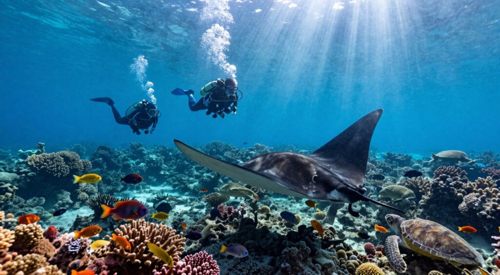 Beneath crystal-clear waters of Raja Ampat, a vibrant coral reef teems with marine life. In the foreground, a gracefully gliding manta ray showcases its impressive wingspan, surrounded by colorful fish and sea turtles. In the middle ground, divers equipped with professional dive gear explore the underwater landscape, bubbles gently rising around them, capturing the thrill of peak diving season. The background features sunlit shafts penetrating the water's surface, illuminating drifting coral gardens and creating an ethereal ambiance. Shot with a wide-angle lens to emphasize the depth and vibrancy of this underwater paradise, the scene radiates a sense of adventure and tranquility, showcasing the breathtaking beauty of Raja Ampat's marine ecosystem.