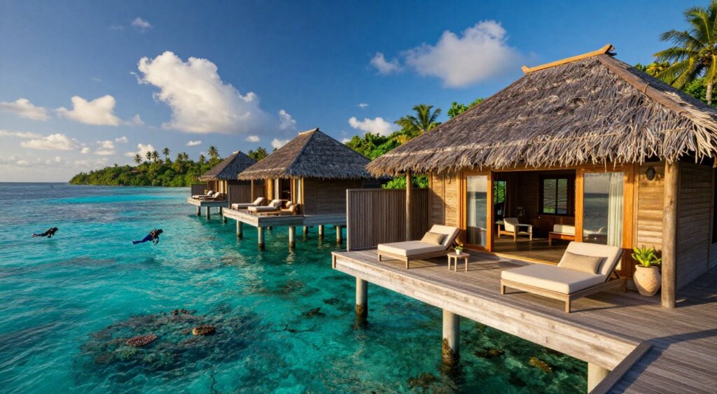 Capture the essence of a luxury dive resort in Raja Ampat, featuring a stunning overwater bungalow that extends gracefully over crystal-clear turquoise waters. In the foreground, showcase the elegant wooden deck of the bungalow adorned with cozy lounge chairs and a small table, bathed in warm afternoon sunlight. In the middle ground, include serene floating platforms with divers preparing for an underwater adventure, surrounded by vibrant coral reefs visible beneath the surface. In the background, paint a backdrop of lush green tropical islands under a deep blue sky, dotted with fluffy white clouds. Use soft, natural lighting to enhance the tranquil atmosphere, and a slight angle from above to capture the full beauty of the resort setting. Aim for a National Geographic-quality, photorealistic image that evokes wanderlust and the serenity of a diving holiday.