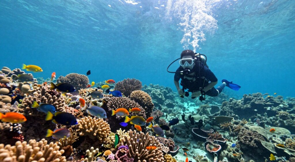 Experience the serenity of scuba diving in Amed, Bali, captured in a vibrant underwater scene. In the foreground, a diver in modest, professional diving gear explores a stunning coral reef, surrounded by a kaleidoscope of colorful tropical fish. In the middle ground, the diverse marine life dances among the corals, with soft sunlight filtering through the water, creating a mesmerizing play of light and shadow. The background showcases a silhouette of Amed's beautiful coastline, enhancing the sense of place and tranquility. The image should be bright and inviting, evoking a sense of adventure and connection with nature, photographed in a crystal-clear, high-resolution style that reflects the beauty of this underwater paradise.