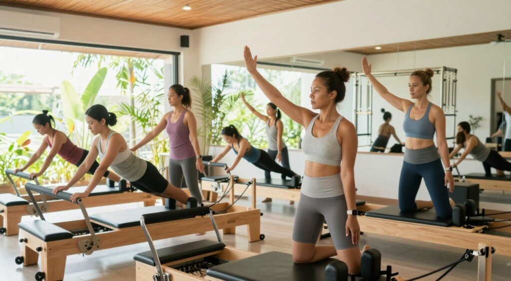 Experienced Pilates instructors in Seminyak, Indonesia, demonstrating various Pilates exercises in a bright, open studio space. Foreground features two instructors of diverse backgrounds, dressed in professional yet casual athletic wear, guiding students with focused expressions. The middle ground showcases students engaged in exercises on classic reformers, with an emphasis on proper form and alignment. In the background, large windows allow natural light to flood the space, highlighting bamboo plants and minimalist decor. Shot with a wide-angle lens at a slight upward angle, capturing the dynamic and inviting atmosphere of a Pilates class. The overall mood is energetic, supportive, and serene, reflecting the essence of holistic wellness in a vibrant environment.