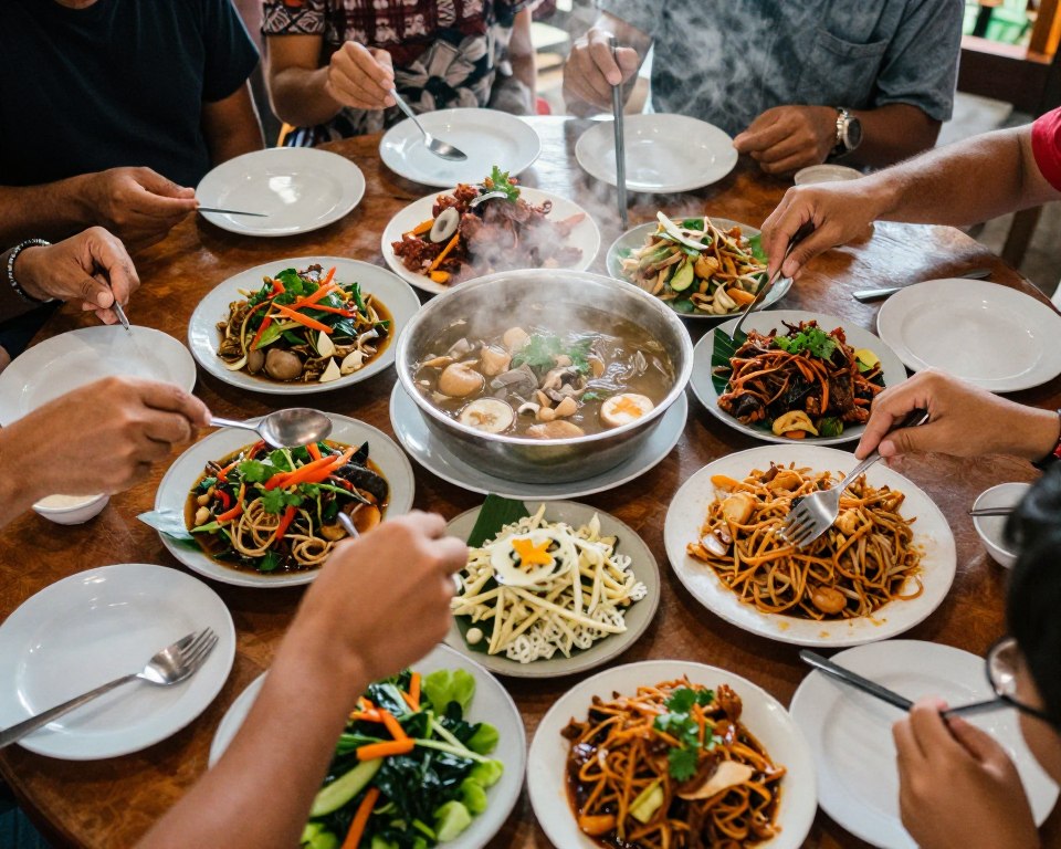 Family-style Indonesian dining Sydney with multiple shared dishes and people eating together Family-style Indonesian dining Sydney with multiple shared dishes and people eating together