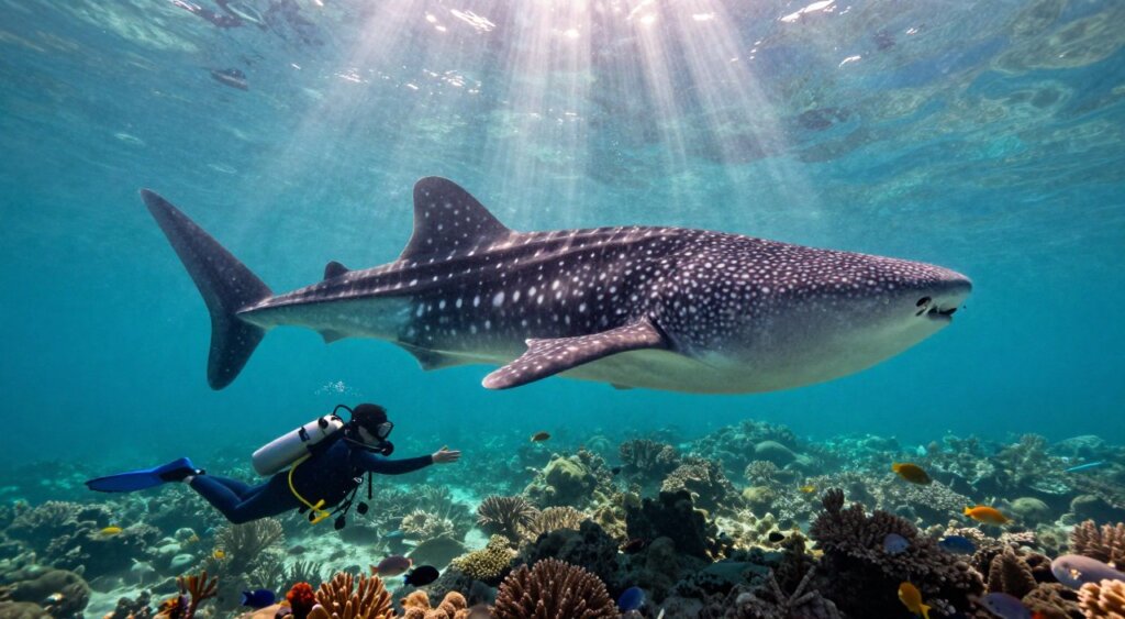 In crystal-clear turquoise waters, a majestic whale shark gracefully glides through the vibrant underwater landscape. This scene captures a close encounter with the gentle giant, showcasing the intricate patterns of its spotted skin. In the foreground, a scuba diver, clad in modest wetsuit gear, reaches out in awe, emphasizing the scale of the whale shark. The middle ground features coral reefs teeming with colorful fish, adding life to the environment. In the background, sunbeams pierce through the water, creating a serene and uplifting atmosphere. The photograph should mimic a National Geographic style, highlighting the beauty of marine life with soft sunlight illuminating the scene, shot from a low angle to enhance depth and perspective. Aim for a rich color palette of blues, greens, and the natural textures of the ocean environment.