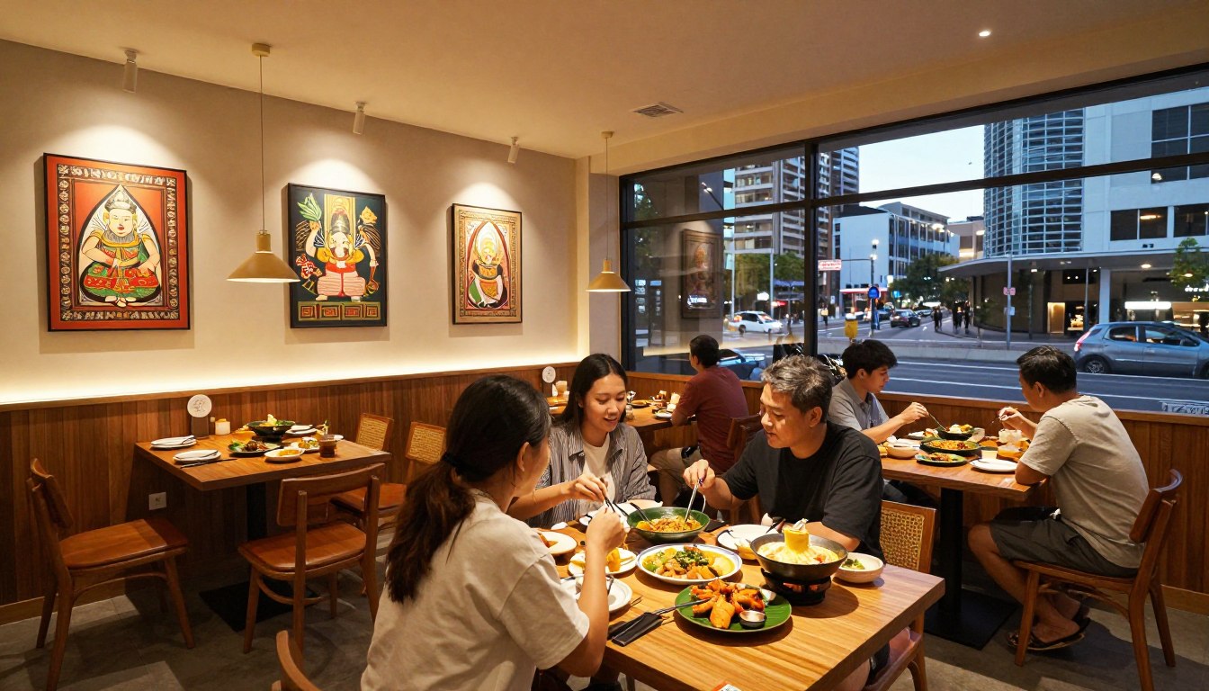 Indonesian restaurant Sydney CBD interior with traditional decor and diners enjoying nasi Padang