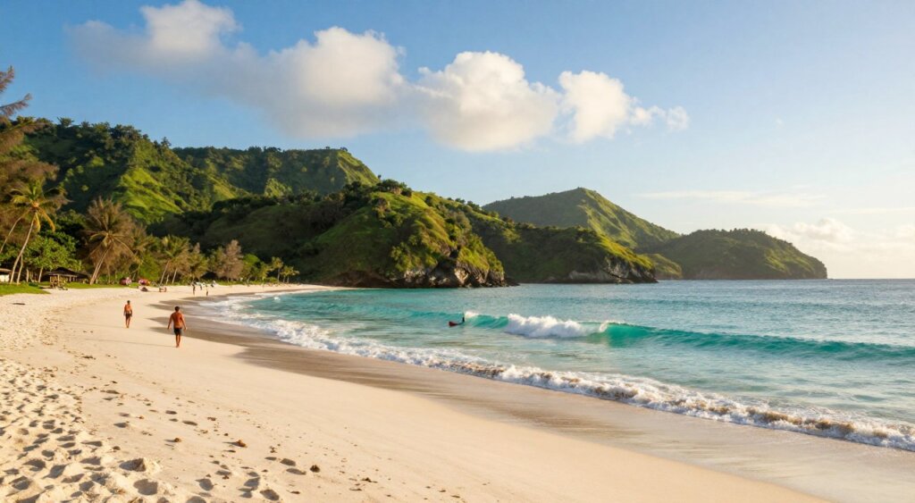 Lombok Kuta’s stunning coastline features soft white sands and beautiful turquoise waters, framed by lush green hills that roll gently in the background. In the foreground, a picturesque beach scene captures local surfers riding gentle waves under a bright blue sky dotted with soft white clouds. Early morning sunlight casts a warm glow, enhancing the vibrant colors of the scenery. A few modestly dressed beachgoers can be seen strolling along the shore, immersing themselves in the serene atmosphere. The angle captures both the vastness of the ocean and the welcoming curves of Kuta's geography, promoting a sense of tranquility and natural beauty. The overall mood is peaceful and inviting, showcasing the captivating allure of Lombok Kuta's climate and geographic features in a photojournalism style.