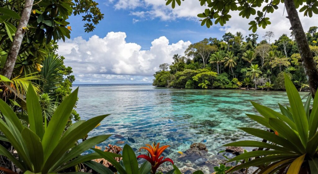 Lush rainforest of Raja Ampat in March, showcasing vibrant, green foliage with intricate layers of leaves, towering trees, and colorful tropical flowers in the foreground. Transitioning into the middle ground, depict a serene coastal scene featuring clear blue waters and thriving marine life—schools of fish swimming near coral reefs, and a gentle wave pattern reflecting soft sunlight. In the background, illustrate varied weather patterns, with a mix of fluffy white clouds and a bright azure sky, creating a feeling of warmth and tranquility. Utilize natural lighting to evoke a peaceful atmosphere, capturing the essence of an idyllic tropical paradise. The composition should span from a low angle to emphasize the richness of the rainforest alongside the marine ecosystem, creating a stunning photojournalistic image reminiscent of National Geographic quality.