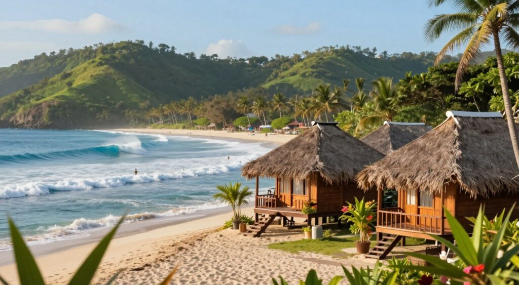 Lush tropical landscape of Lombok featuring unique beach bungalows nestled along the pristine shoreline, with vibrant blue waves gently crashing on the sandy beach. The foreground showcases cozy wooden bungalows with thatched roofs, adorned with green plants and colorful flowers. In the middle, surfers catching waves, emphasizing the popular surf spots unique to the area. The background reveals lush green hills under a clear blue sky with soft, glowing sunlight casting a warm ambiance over the scene. The image should have a shallow depth of field to bring focus to the bungalows, creating a warm, inviting atmosphere, reminiscent of a tranquil tropical retreat. Aim for a photojournalism style, capturing the essence of Lombok’s surf culture and accommodation options.