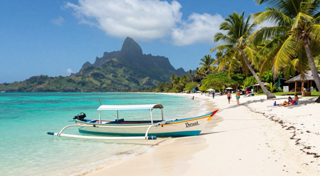 Lush tropical scenery depicting the Gili Islands, featuring pristine white sandy beaches and crystal-clear turquoise waters under a bright blue sky. In the foreground, a colorful traditional wooden boat gently sways at the shore, highlighting local craftsmanship. The middle ground showcases a vibrant beach scene with families enjoying leisurely activities, while a few palm trees sway in the soft breeze. In the background, the stunning silhouette of nearby volcanic mountains adds depth to the landscape. The image is infused with warm, natural sunlight, creating a serene and inviting atmosphere. Capture this scene with a wide-angle lens to emphasize the beauty of the islands, aiming for a vibrant and engaging portrayal that embodies the essence of travel and adventure.