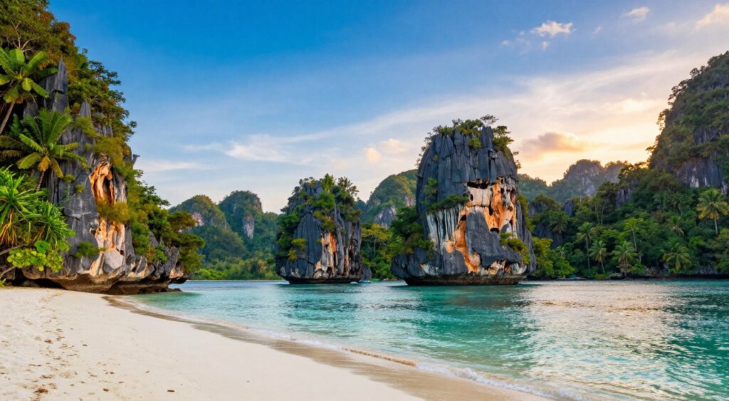 Lush, vibrant landscape of Raja Ampat showcasing its seasonal weather, with clear blue skies overhead transitioning into a gentle sunset glow. In the foreground, a tranquil beach with soft white sand and calm turquoise waters. Midground features dramatic limestone karsts rising majestically from the water, partially shrouded in green tropical foliage. The background reveals rolling hills dusted with dense rainforest, adding depth to the scene. Soft, warm lighting enhances the natural beauty, capturing a serene, idyllic atmosphere. The image should be taken with a wide-angle lens to create a sweeping view, emphasizing the vastness and richness of the environment while maintaining National Geographic photojournalism standards. No human subjects present.