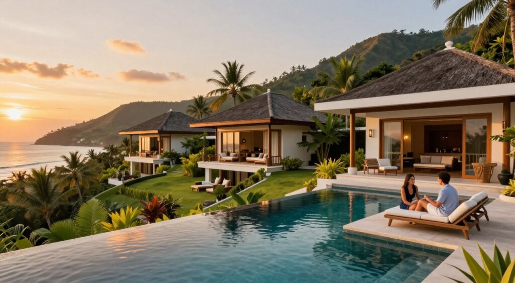 Luxury villas in Lombok, Indonesia, showcasing stunning architecture surrounded by lush tropical gardens. In the foreground, an elegant infinity pool reflecting the vibrant sunset, with a couple in smart casual attire enjoying the serene atmosphere. The middle ground features spacious, contemporary villas with open terraces adorned with comfortable seating, offering breathtaking ocean views. The background highlights the majestic hills and palm trees of Lombok, creating a tranquil yet luxurious ambiance. The scene is bathed in golden hour lighting, enhancing the villas’ intricate details and the vibrant greenery. Captured with a wide-angle lens to emphasize depth, the overall mood is one of relaxation and sophistication, ideal for a high-end lifestyle image.