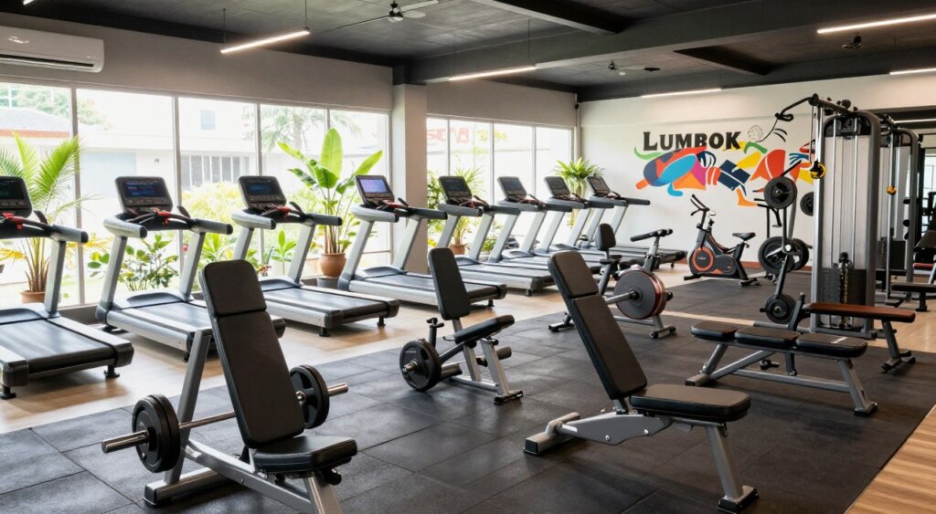 Modern gym facilities and workout equipment at Lombok Gym, showcasing a bright and spacious interior. In the foreground, high-quality workout benches and free weights neatly arranged, demonstrating accessibility and organization. In the middle ground, various cardio machines like treadmills and stationary bikes are positioned to highlight a vibrant, inviting atmosphere, with natural light pouring in through large windows. The background features motivational wall art and indoor plants, enhancing wellness vibes. The lighting is bright but soft, creating an energetic yet relaxed mood. The photo is captured from a slightly elevated angle, resembling a professional photojournalism style, emphasizing the gym's commitment to fitness and community. No people are present in the image.