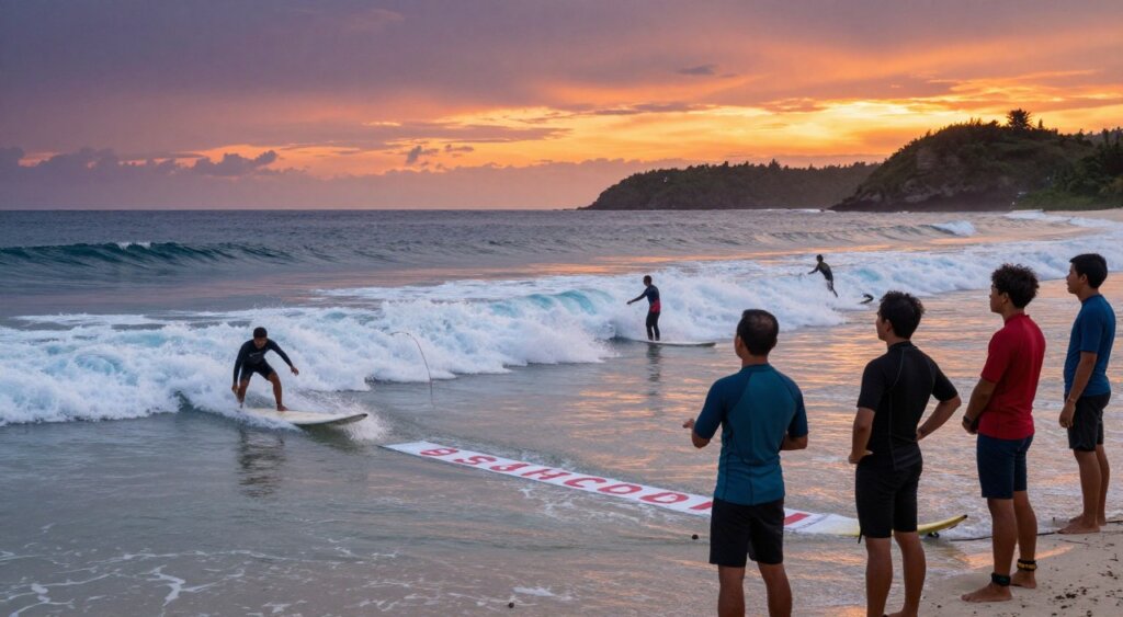 Rip current safety in Lombok, featuring surfers in professional swim gear observing safety guidelines. In the foreground, a group of surfers attentively discussing rip current awareness, with one pointing towards a marked safe area in the water. In the middle ground, the ocean displays dynamic, frothy waves, highlighting a visible rip current while other surfers skillfully navigate the waters, illustrating appropriate surfing techniques. The background showcases a scenic Lombok coastline at sunset, with vibrant orange and purple hues reflecting off the water, creating a captivating atmosphere. The lighting is natural and warm, emphasizing the beauty of the landscape. The photo is composed with a wide-angle lens to capture the expansive beach and ocean view, evoking a sense of adventure and safety awareness in a professional, informative manner. Rip current safety in Lombok, featuring surfers in professional swim gear observing safety guidelines. In the foreground, a group of surfers attentively discussing rip current awareness, with one pointing towards a marked safe area in the water. In the middle ground, the ocean displays dynamic, frothy waves, highlighting a visible rip current while other surfers skillfully navigate the waters, illustrating appropriate surfing techniques. The background showcases a scenic Lombok coastline at sunset, with vibrant orange and purple hues reflecting off the water, creating a captivating atmosphere. The lighting is natural and warm, emphasizing the beauty of the landscape. The photo is composed with a wide-angle lens to capture the expansive beach and ocean view, evoking a sense of adventure and safety awareness in a professional, informative manner.