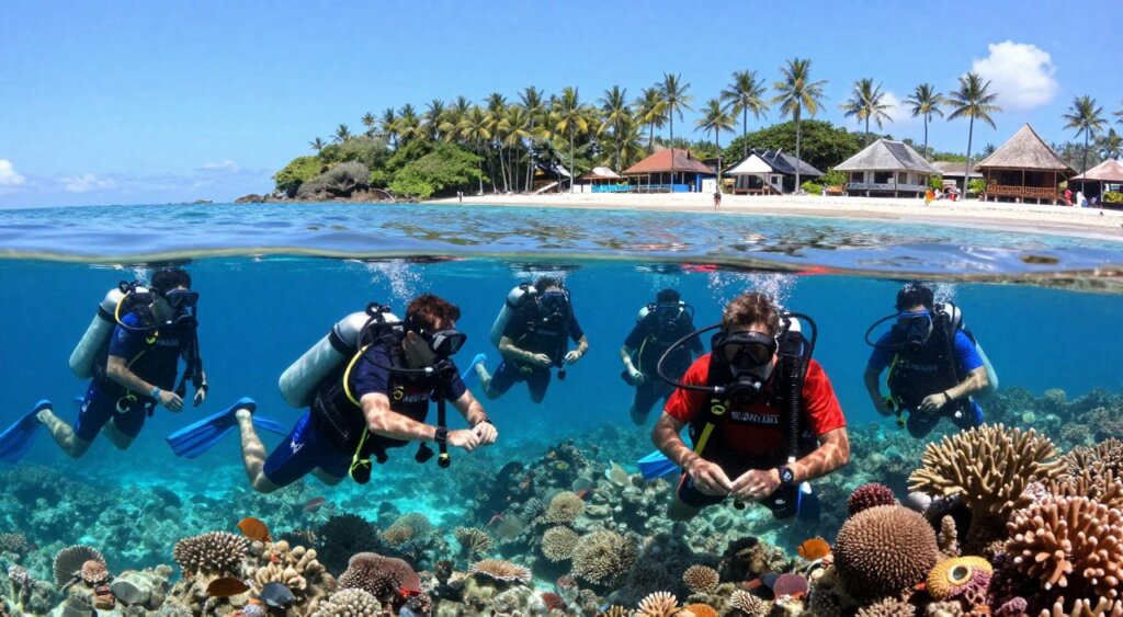 Scuba diving certification training in Amed, Bali, featuring a group of diverse students in modest casual clothing engaged in an underwater skill practice. In the foreground, a certified instructor demonstrates equipment usage, while students practice breathing techniques and buoyancy control, surrounded by colorful coral reefs teeming with marine life. The middle layer captures the vibrant blue water, with sunlight filtering through the surface, creating beautiful light patterns. The background showcases Amed's picturesque coastline with palm trees and traditional Balinese huts under a clear blue sky. The atmosphere is energetic and supportive, emphasizing teamwork and learning in this unique training environment. The composition should be taken from a slightly elevated angle, capturing both the underwater scene and the shoreline.