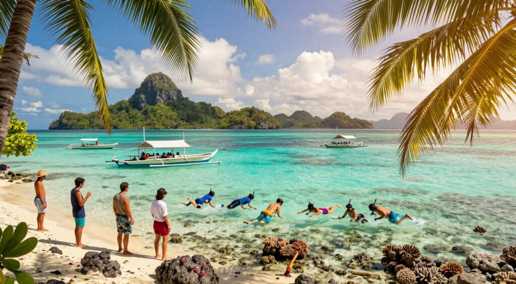 Sun-kissed paradise of Raja Ampat during the ideal travel months, featuring a tranquil beach with crystal-clear turquoise waters. In the foreground, a small group of tourists dressed in modest casual clothing explore vibrant coral reefs while snorkeling, capturing the joyful atmosphere. In the middle ground, traditional wooden boats gently bobbing on the water provide an authentic touch, with tropical palm trees framing the scene. The background showcases lush green islands dotted against a clear blue sky with soft, white clouds, evoking a sense of serenity and adventure. Soft, warm lighting enhances the vibrant colors of the landscape, giving it a dreamlike quality. The composition should reflect the exquisite natural beauty and immersive experience of visiting Raja Ampat during its prime visiting season.