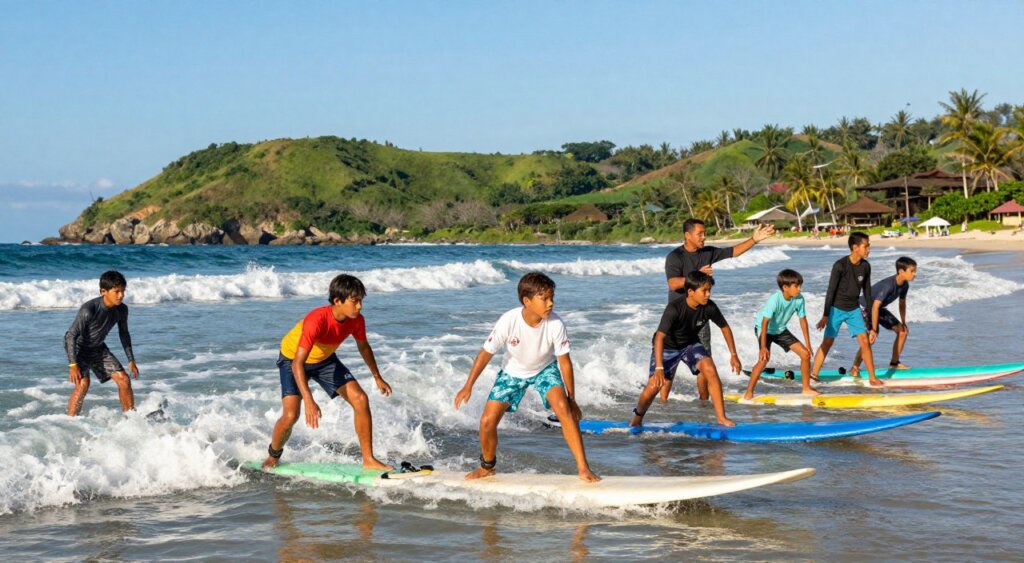 Surfing lessons on Lombok's stunning coastline, highlighting a diverse group of enthusiastic learners, dressed in modest, colorful surf attire, engaging with an experienced instructor in a dynamic coaching pose. The foreground showcases students on surfboards, practicing balance and technique in the gentle waves. In the middle ground, the coach provides guidance, gesturing towards the ocean, while the backdrop features the scenic beauty of Lombok's blue skies, lush green hills, and vibrant sandy beach, capturing the essence of a tropical surf camp. Natural sunlight casts warm, golden hues, creating a cheerful, adventurous atmosphere. The composition is shot from a low angle to emphasize the surfers and the vastness of the ocean, with a wide lens to capture the lively scene.