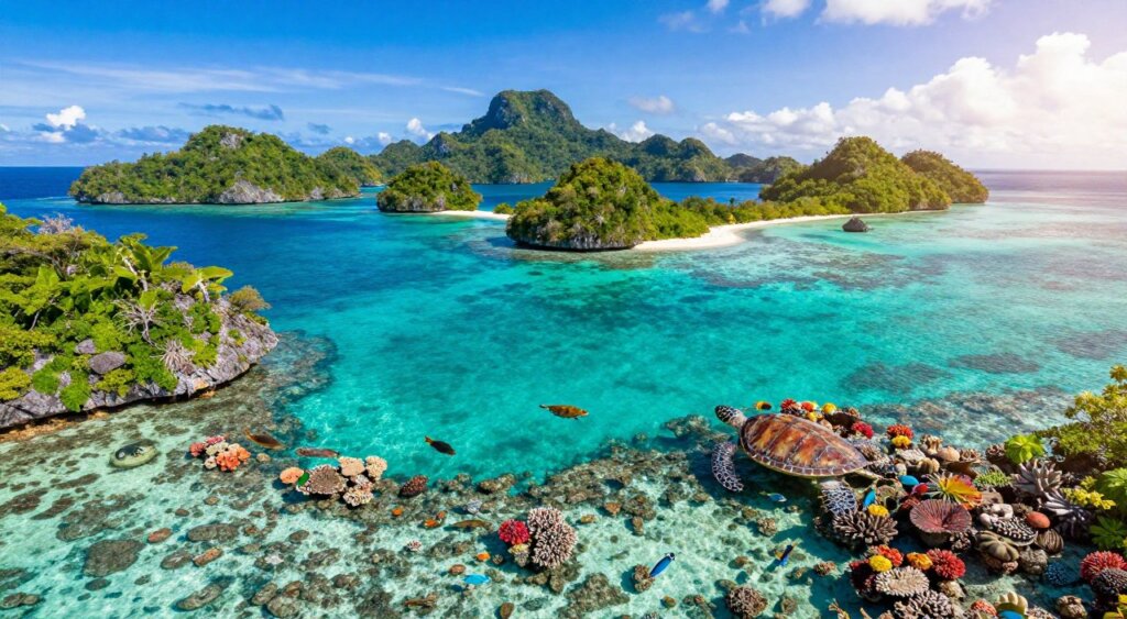 Vibrant aerial view of the Raja Ampat archipelago, showcasing its stunning turquoise waters and lush, green islands scattered across the seascape. In the foreground, colorful coral reefs teem with diverse marine life, including elegant schools of tropical fish and sea turtles gliding gracefully through the water. The middle ground features small, uninhabited islands with sandy beaches and vibrant vegetation under a clear blue sky. The background captures an expansive horizon where the ocean meets the sky, creating a serene and inviting atmosphere. Soft sunlight filters through the scene, enhancing the richness of the colors and highlighting the intricate details of the coral and marine life. The composition uses a wide-angle lens, emphasizing the breathtaking scale and beauty of this pristine natural paradise.