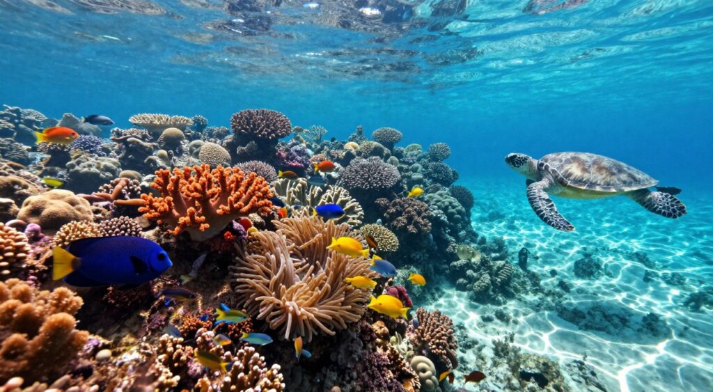 Vibrant coral reefs of Raja Ampat teeming with marine life, showcasing a kaleidoscope of colors, including vivid oranges, blues, and yellows from diverse corals and tropical fish. In the foreground, a school of small, darting fish forms a shimmering haze among the corals, while sea turtles gracefully glide through the crystal-clear waters. The midground reveals intricate coral formations and anemones swaying gently in the current, with occasional glimpses of larger fish, such as a stunning Napoleon wrasse. In the background, the sunlight filters through the water's surface, creating soft, dappled patterns on the ocean floor, enhancing the tranquil, serene atmosphere. Capture this underwater paradise in high-resolution detail, using a wide-angle lens to emphasize depth and clarity. The overall mood should be peaceful and awe-inspiring, reflecting the natural beauty of this underwater environment.