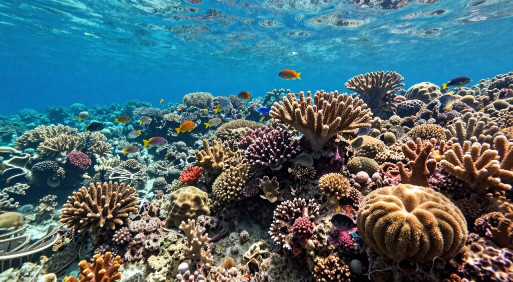 Vibrant coral reefs of the Raja Ampat ecosystem, showcasing diverse corals exhibiting resilience and adaptation mechanisms in response to environmental stress. In the foreground, a close-up of various coral species displaying rich colors and unique textures, some with signs of healthy growth and others showing adaptive features. In the middle ground, a school of colorful fish swimming among the corals, highlighting the dynamic ecosystem. The background features sunlit, clear blue waters penetrating the surface, creating a serene atmosphere. Soft sunlight filters through, illuminating the underwater scene and enhancing the vivid colors of the corals. The image captures the essence of coral resilience, evoking a sense of hope amidst the challenges of coral bleaching.
