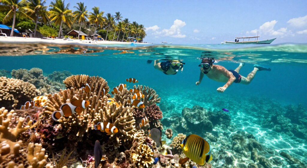 Vibrant marine life in the Gili Islands, Indonesia, captured while snorkeling. In the foreground, an array of colorful coral formations teeming with tropical fish, such as clownfish and butterflyfish, in crystal-clear turquoise waters. The middle layer features snorkelers in modest swim attire, observing the beauty beneath the surface, with their masks reflecting sunlight. In the background, the sun-drenched shoreline is dotted with palm trees and traditional Indonesian boats gently bobbing in the sea. The lighting is bright and inviting, creating a cheerful and adventurous atmosphere, with rays of sunlight penetrating the water to illuminate the marine life below. The angle is slightly above water, offering a dynamic view of the aquatic scene while maintaining a sense of realism akin to National Geographic photography. Vibrant marine life in the Gili Islands, Indonesia, captured while snorkeling. In the foreground, an array of colorful coral formations teeming with tropical fish, such as clownfish and butterflyfish, in crystal-clear turquoise waters. The middle layer features snorkelers in modest swim attire, observing the beauty beneath the surface, with their masks reflecting sunlight. In the background, the sun-drenched shoreline is dotted with palm trees and traditional Indonesian boats gently bobbing in the sea. The lighting is bright and inviting, creating a cheerful and adventurous atmosphere, with rays of sunlight penetrating the water to illuminate the marine life below. The angle is slightly above water, offering a dynamic view of the aquatic scene while maintaining a sense of realism akin to National Geographic photography.