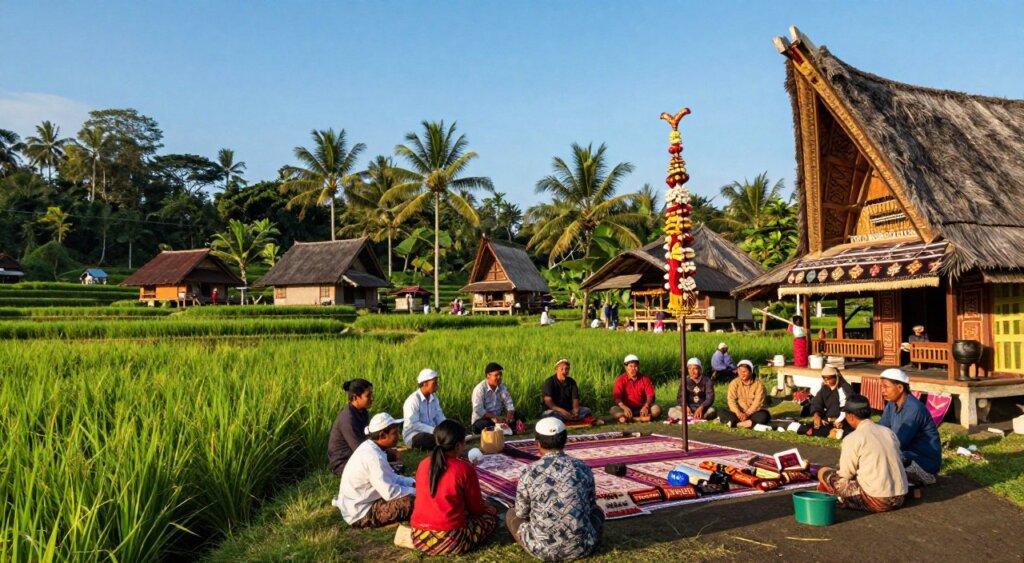 Vibrant scene capturing the essence of Lombok and Gili Islands culture, featuring a traditional Sasak village in the foreground with locals dressed in modest, colorful attire engaging in daily activities. Middle ground showcases traditional ceremonial activities with intricate woven textiles and handcrafted items being displayed, under a clear blue sky. In the background, lush green rice terraces and palm trees reflect the island's natural beauty. Soft, warm lighting enhances the atmosphere, creating a welcoming and serene vibe. The angle is slightly elevated, allowing for a wide view of the village and surrounding landscapes, reminiscent of high-quality photojournalism, evoking a sense of cultural richness and community spirit. Vibrant scene capturing the essence of Lombok and Gili Islands culture, featuring a traditional Sasak village in the foreground with locals dressed in modest, colorful attire engaging in daily activities. Middle ground showcases traditional ceremonial activities with intricate woven textiles and handcrafted items being displayed, under a clear blue sky. In the background, lush green rice terraces and palm trees reflect the island's natural beauty. Soft, warm lighting enhances the atmosphere, creating a welcoming and serene vibe. The angle is slightly elevated, allowing for a wide view of the village and surrounding landscapes, reminiscent of high-quality photojournalism, evoking a sense of cultural richness and community spirit.