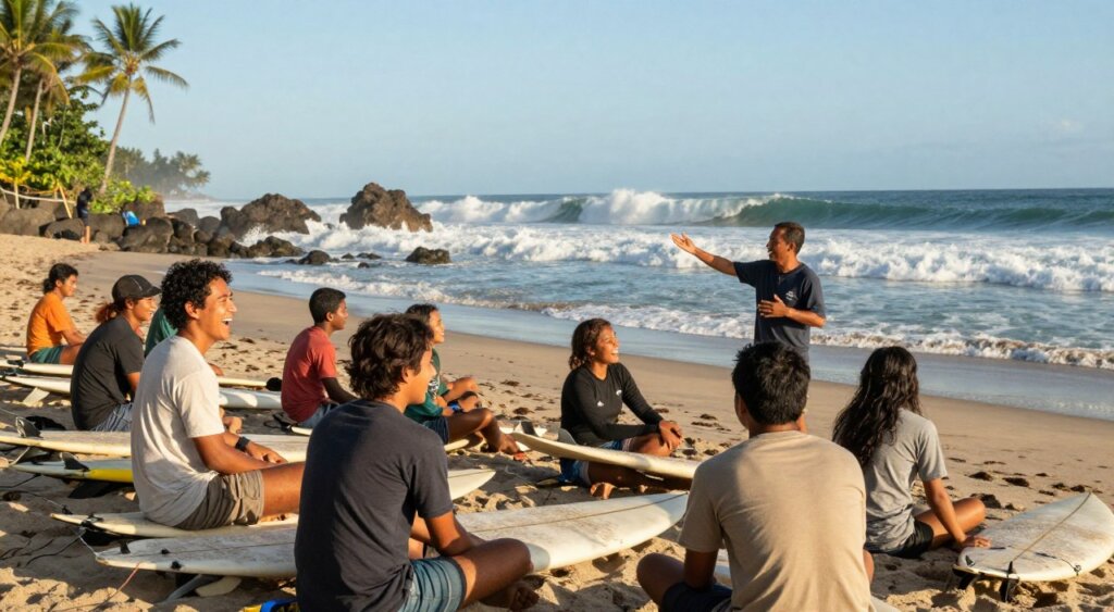 Vibrant scene of an Indonesia surf camp, capturing the essence of surf culture. In the foreground, a diverse group of surfers in modest casual clothing, laughing and sharing experiences over a surfboard; their faces are bright and engaged. The middle ground features surfboards lined along a sandy beach, where a surf instructor gestures animatedly while teaching eager beginners. The background showcases dramatic ocean waves crashing against rocks under a clear blue sky, with distant palm trees swaying gently in the breeze. The lighting is warm and inviting, reminiscent of a golden hour sunset, creating a relaxed and adventurous atmosphere. Aim for a high-resolution, professional photojournalism style that embodies the excitement and community of surf culture in Indonesia.