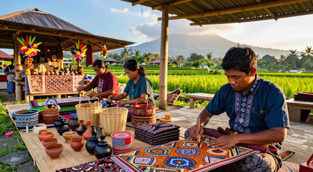Vibrant scene showcasing local art and handicrafts in Amed Village, Bali. In the foreground, skilled artisans work diligently on intricate batik fabrics, their hands expertly applying vibrant dyes. A variety of colorful, handwoven baskets and traditional pottery pieces are displayed on woven mats nearby, highlighting the rich texture and craftsmanship. The middle ground reveals a charming market setting under open bamboo structures, with stalls adorned in tropical flowers and local decor. In the background, lush green terraced rice paddies stretch under a serene blue sky, with distant mountains framed by soft, golden sunlight. The atmosphere is warm and inviting, capturing the essence of Balinese culture and traditions in a candid, documentary style, with an emphasis on natural lighting and depth of field that draws the viewer in. Vibrant scene showcasing local art and handicrafts in Amed Village, Bali. In the foreground, skilled artisans work diligently on intricate batik fabrics, their hands expertly applying vibrant dyes. A variety of colorful, handwoven baskets and traditional pottery pieces are displayed on woven mats nearby, highlighting the rich texture and craftsmanship. The middle ground reveals a charming market setting under open bamboo structures, with stalls adorned in tropical flowers and local decor. In the background, lush green terraced rice paddies stretch under a serene blue sky, with distant mountains framed by soft, golden sunlight. The atmosphere is warm and inviting, capturing the essence of Balinese culture and traditions in a candid, documentary style, with an emphasis on natural lighting and depth of field that draws the viewer in.