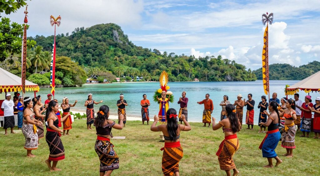 Vibrant scenes of Raja Ampat cultural festivals showcasing traditional dances and local rituals amidst lush tropical landscapes. In the foreground, participants dressed in colorful, modest traditional attire, performing energetic dances with intricate movements. The middle ground features a gathering of islanders, joyfully engaging with their rich culture, while traditional banners and handcrafted decorations frame the scene. The background reveals the stunning islands of Raja Ampat, with vibrant green hills and crystal-clear blue waters reflecting the day's bright sunlight. Soft, diffused lighting enhances the festive atmosphere, capturing the joy and community spirit of the event. The image should convey a sense of celebration and connection to nature, evoking the essence of Raja Ampat's unique cultural heritage.