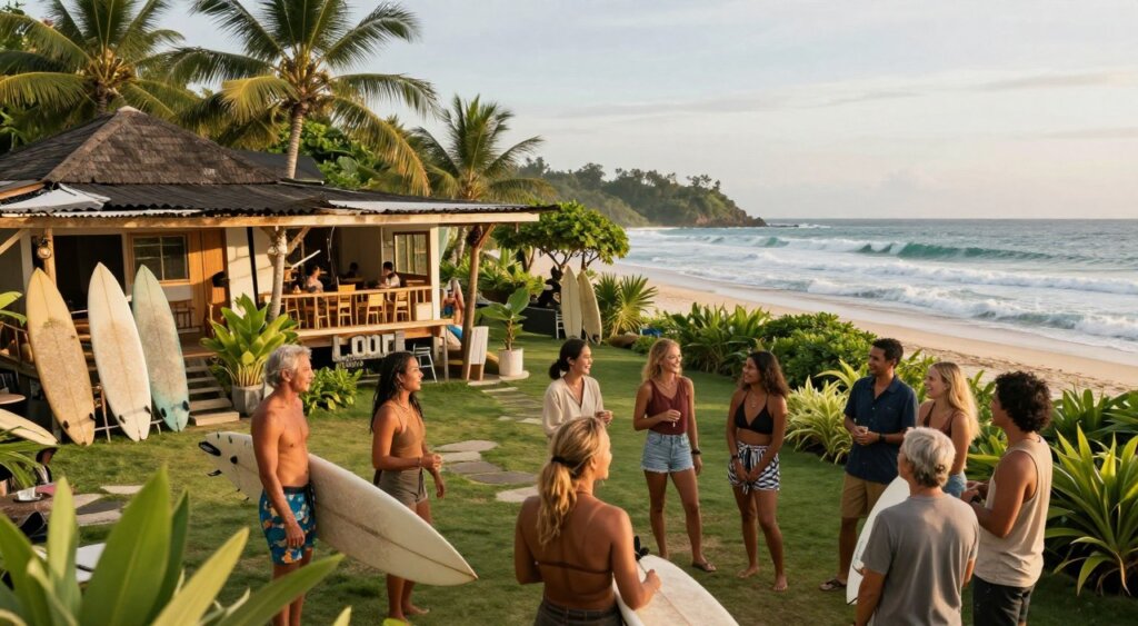 Vibrant surf community connections at Lombok Surf House, showcasing a diverse group of individuals engaging in conversation and laughter. In the foreground, a group of surfers in modest casual clothing, holding surfboards, embody camaraderie and excitement. The middle ground features the welcoming Surf House, surrounded by lush tropical vegetation and a beautifully maintained garden, with surfboards displayed creatively. In the background, the stunning Lombok coastline, with gentle waves lapping against the shore during golden hour, casting soft, warm light. The image captures a joyful, relaxed atmosphere of community spirit, with a slightly elevated angle to emphasize the interaction among people and their connection to the natural beauty around them.