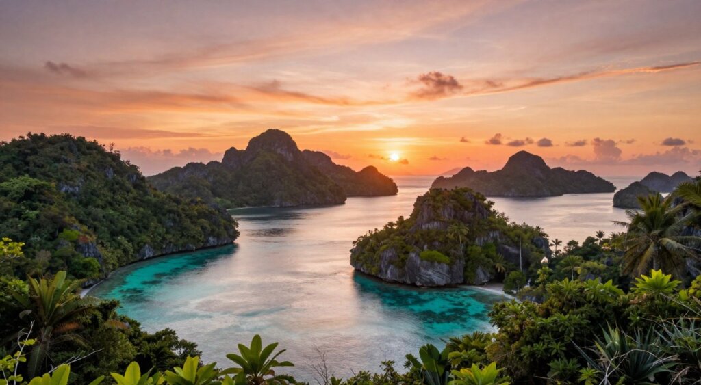 Vibrant tropical scene showcasing Raja Ampat's stunning weather, featuring lush green islands with rich vegetation in the foreground and crystal-clear turquoise waters. In the middle, a picturesque sunset casts a warm glow over the landscape, highlighting the dramatic rock formations. The background includes a sky painted in shades of orange and pink, suggesting an ideal time for exploration. The mood is serene and inviting, perfect for travelers seeking adventure. The lighting is soft, capturing the gentle caress of the sun as it sets on the horizon, evoking a sense of tranquility and wonder. This image emphasizes the beauty and allure of Raja Ampat's climate, designed to inspire wanderlust in viewers.
